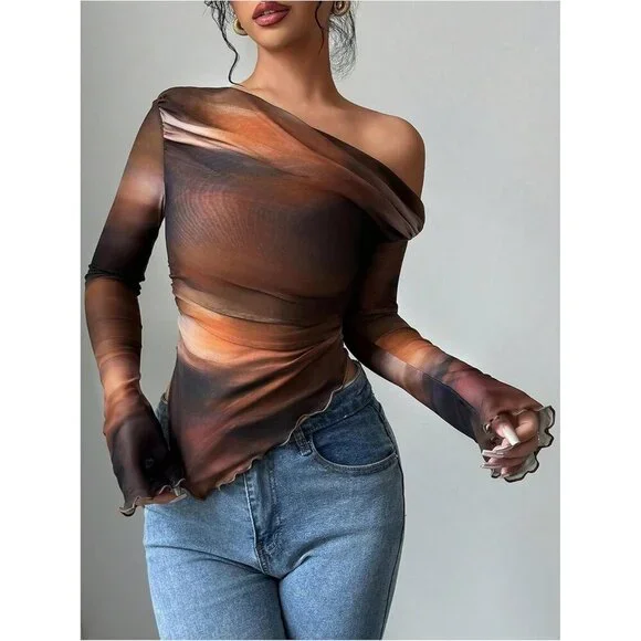 Women's Tie Dye Mesh Off Shoulder T Shirt Long Sleeve Ruched Fitted Tee - Picture 4 of 5